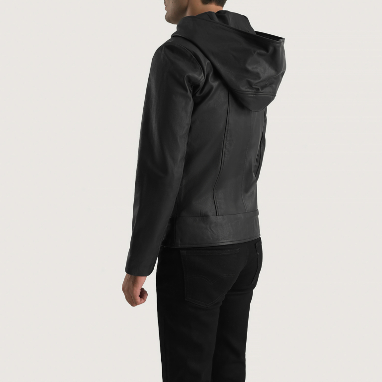 Mens Spratt Black Hooded Leather Jacket Tilted Back-8-1700228947380